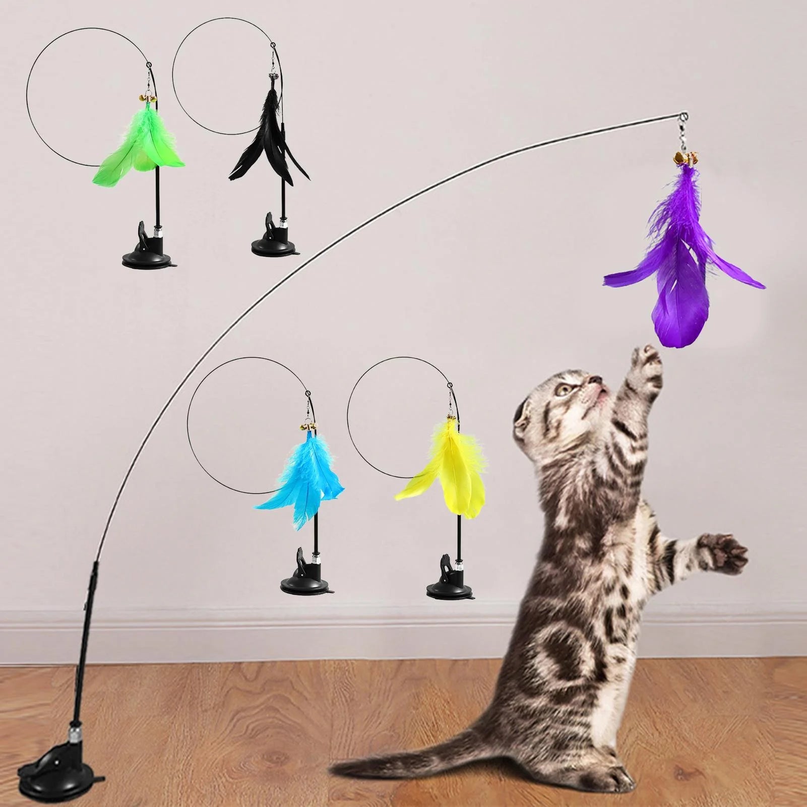 Cat Toys Wand, Interactive Cat Toy with Super Suction Cup Sticky Detachable for Indoor Cats Kitten Toys