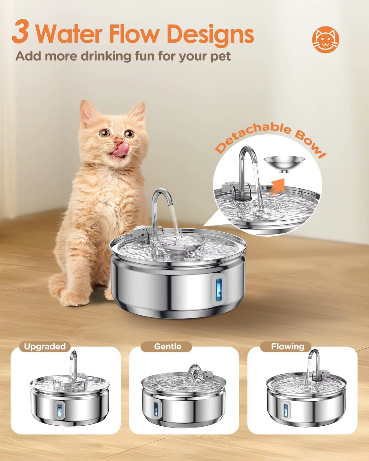 Cat Water Fountain 3.2L/108Oz Upgraded Stainless Steel Pet Water Fountain for Cats Drinking Automatic Cat Water Bowl Dispenser